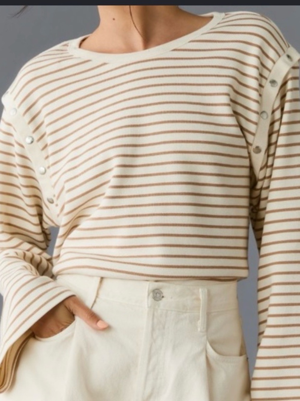 Anthropologie Cream and Tan Striped Button-Shoulder Long Sleeve Top - Picture 2 of 12